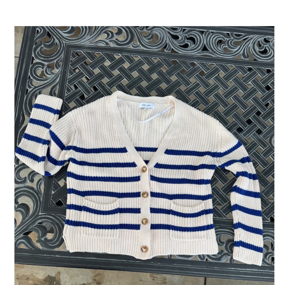 John + Jenn Striped Cotton Knit Cardigan Sweater Blue Cream V-Neck Button Front